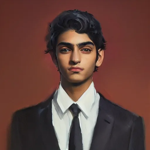 Prompt: oil painting by ilya kuvshinov, baugh casey, rhads, coby whitmore, of a youthful persian - indian college student, male, curly black hair, high cheekbones, outdoors, highly detailed, breathtaking face, studio photography, dawn, intense subsurface scattering, blush, supple look, innocence, intense sunlight