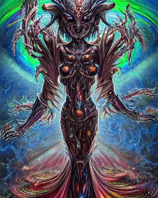 Image similar to silver mechanical charred bloody fleshmetal cyborg daemonhost woman psychedelic flamer of tzeentch with extra arms, blue and green rainbow fire, by antonio j. manzanedo, alex grey, android jones, wayne barlowe, philippe druillet, cyril rolando, josephine wall, harumi hironaka, cronenburg, trending on artstation