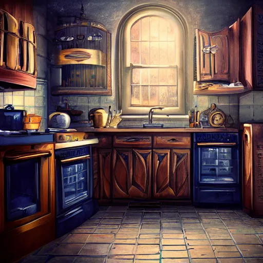 Prompt: steampunk kitchen in the warm morning light, toaster, kettle, fridge, oven, sink, machines, beautifully lit, painting, high resolution, trending on artstation