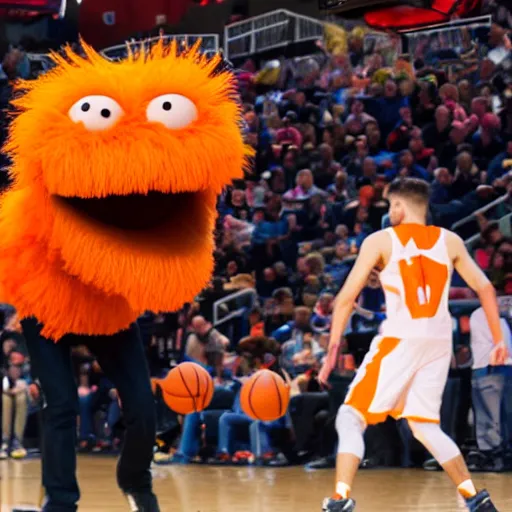 Image similar to a majestic friendly orange monster made of basketballs by pixar consumes a puny winpy cowboy at a basketball court