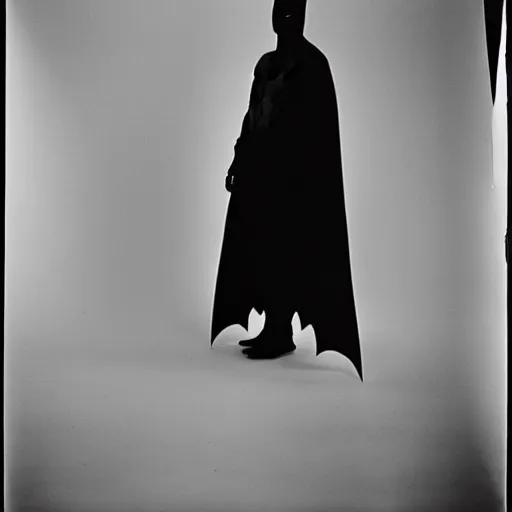 Image similar to portrait of Batman by Diane Arbus, 50mm, black and white