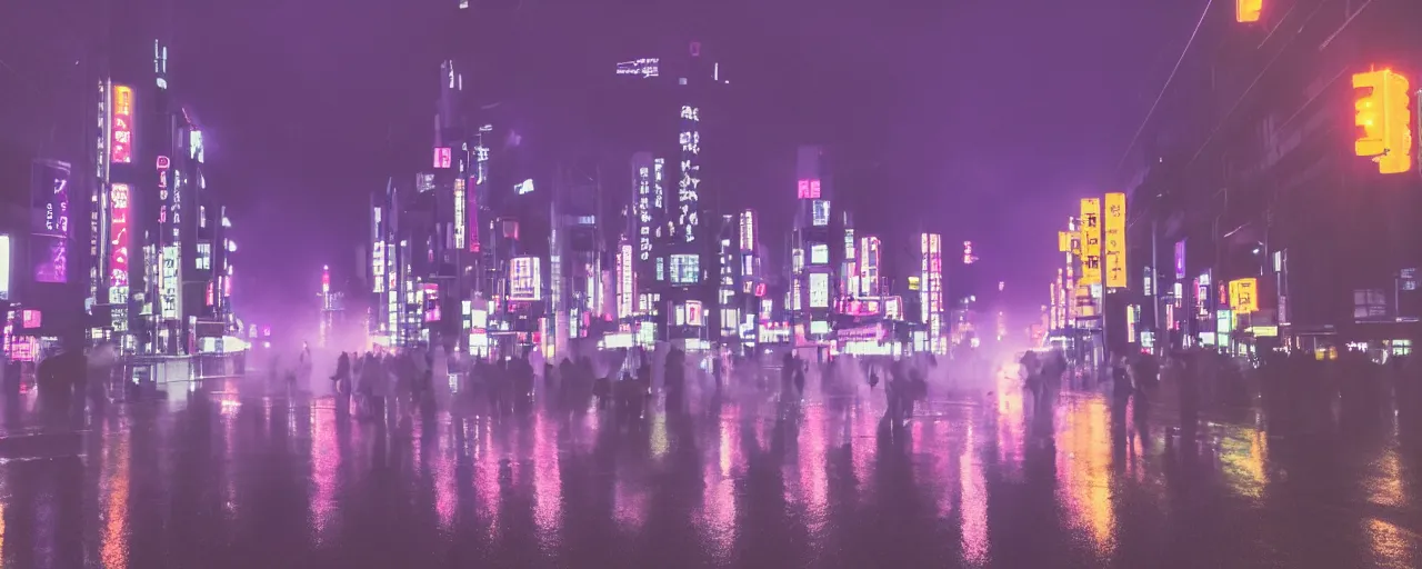 Prompt: a rainy Tokyo, fog surrounding the streets, midnight, neon lights, cinematic lighting, cineovision, purple clouds surrounding the dark sky