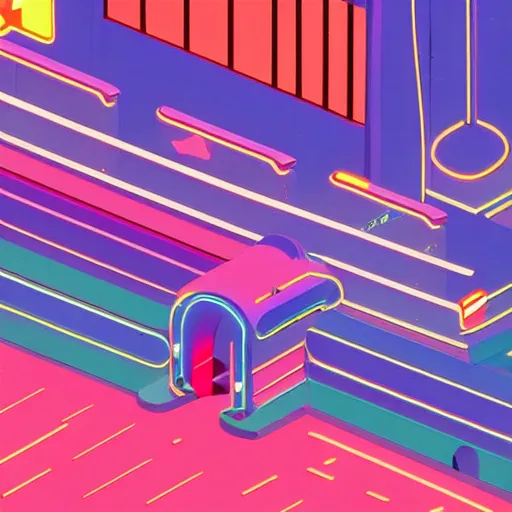 Image similar to Googie Kitsch aesthetic, colorful isometric Liminal space in outer space at night with neon lights