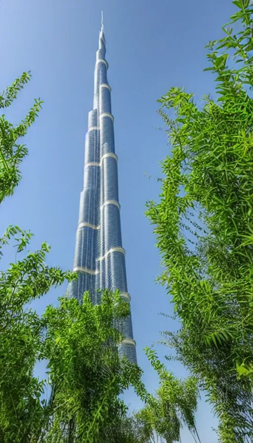 Prompt: the burj khalifa with plants and vines and greenery growing on it. in a beautiful green metropolis surrounded by flowers, trees and greenery.