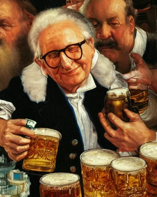 Image similar to a painting of erich honecker holding a mug of beer at the oktoberfest, a detailed painting by konstantin makovsky and by jan matejko and by nikolay makovsky, shutterstock contest winner, german romanticism, detailed painting, oil on canvas, wimmelbilder