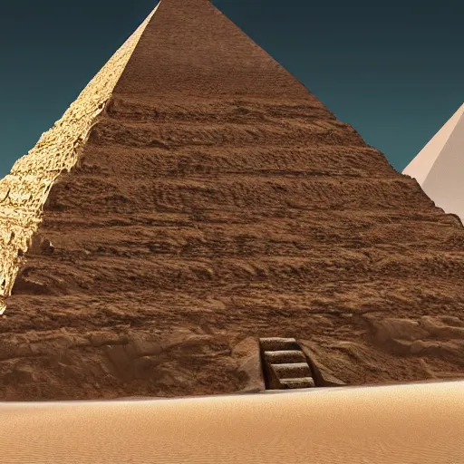 Image similar to front entrance of a pyramid with an inverted pyramid at the top in the desert partially covered by sand, highly detailed, videogame screenshot, panoramic view