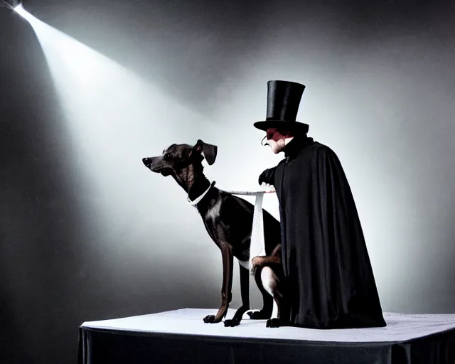 Image similar to greyhound wearing a black cloak and a top hat, under a spotlight, magician dog performing on stage, dapper greyhound