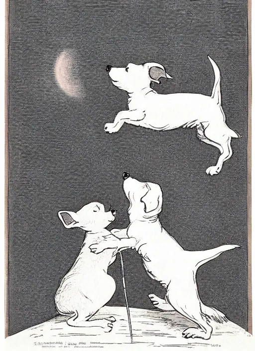 Prompt: jack russel dog silhouette howling at night, illustrated by peggy fortnum and beatrix potter and sir john tenniel