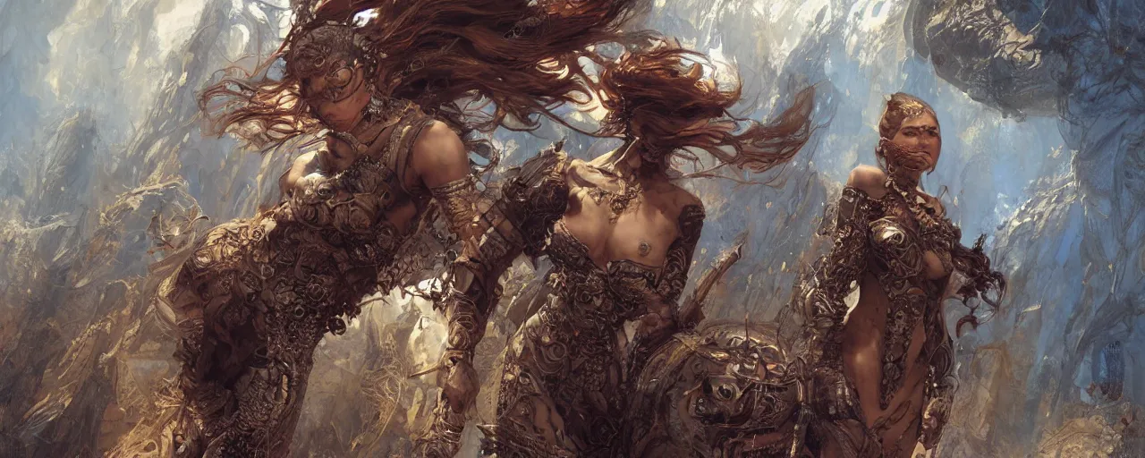 Prompt: fierce woman in the fractal, ultra realistic, concept art, intricate details, highly detailed, wide angle, by andrew robinson, gaston bussiere, craig mullins, simon bisley