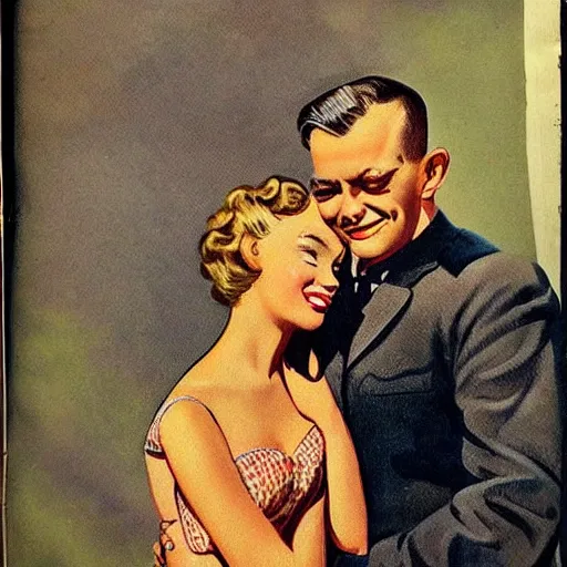 Image similar to “stunning, highly detailed portrait, very detailed, couple, tin can, blonde, color vintage magazine illustration 1950”