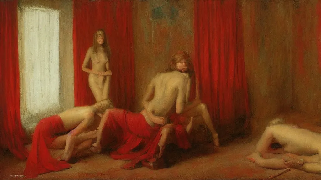 Prompt: the red room of Twin Peaks painted by Odd Nerdrum, classical figurative painting, oil painting, apelles palette, kitsch painting