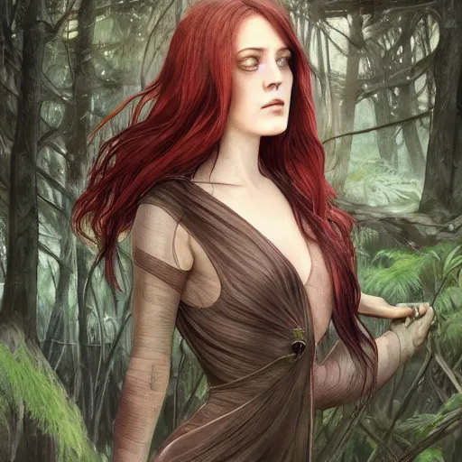 Prompt: full figure ultra realistic illustration, evan rachel wood in a forest wearing a dystopian black dress, brown flowy hair with tints of red, edo japan, intricate, elegant, highly detailed, digital painting, artstation, concept art, smooth, sharp focus, illustration, art by artgerm and greg rutkowski and alphonse mucha