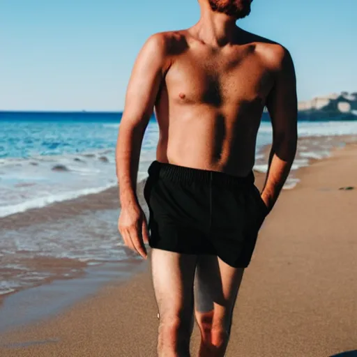 Image similar to a man walking in a sunny day in the beach with black shorts, realistic