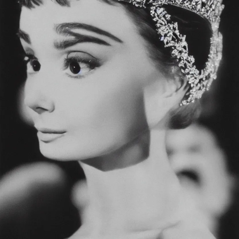 Image similar to portrait of audrey hepburn as a crowned queen, ultra realistic, canon 3 5 mm photography