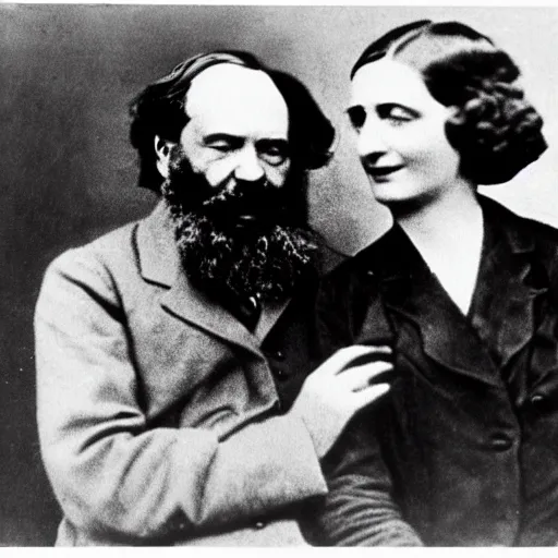 Image similar to Karl Marx and Ayn Rand hugging, photo, 1920