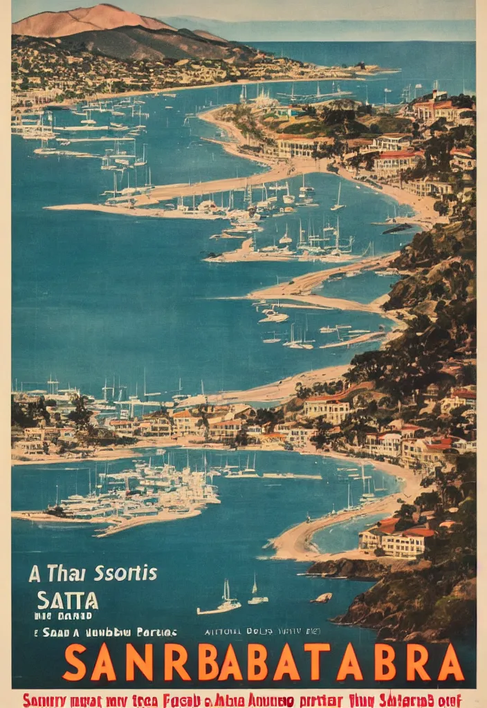 Prompt: a vintage 1 9 6 0's movie poster about santa barbara, california,