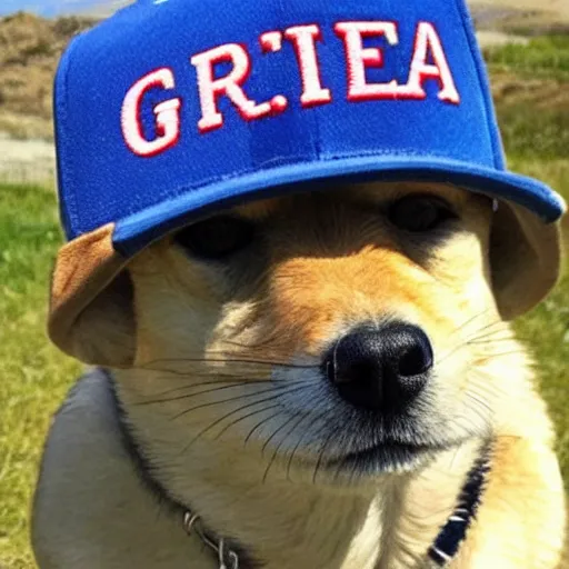 Image similar to doge wearing a make america great again cap, realistic,