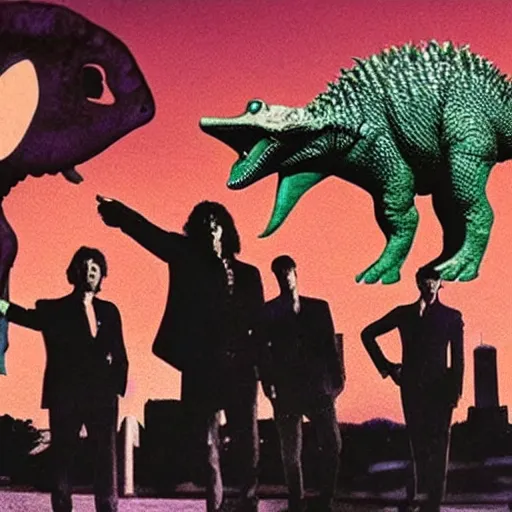 Prompt: pink Floyd sing in Atlanta riding dinosaurs