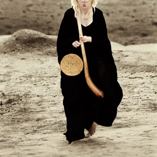 Prompt: a blonde woman in a black robe throwing up, a beautiful english woman with a long face narrow nose pale skin blue eyes red lips and wild messy tangles of curly white blonde hair, high resolution film still wearing a black robe and skull necklace and holding a spear, sandy, a journey to the west