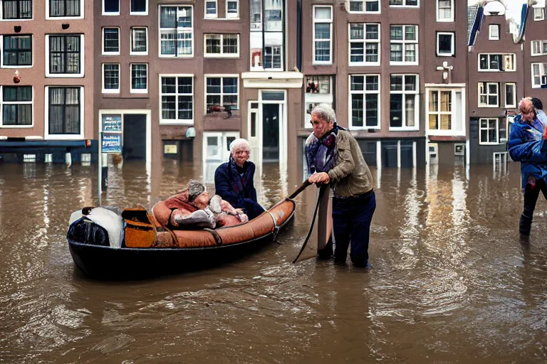 Image similar to Dutch people trying to fight back the flood in Amsterdam, photograph, natural light, sharp, detailed face, magazine, press, photo, Steve McCurry, David Lazar, Canon, Nikon, focus