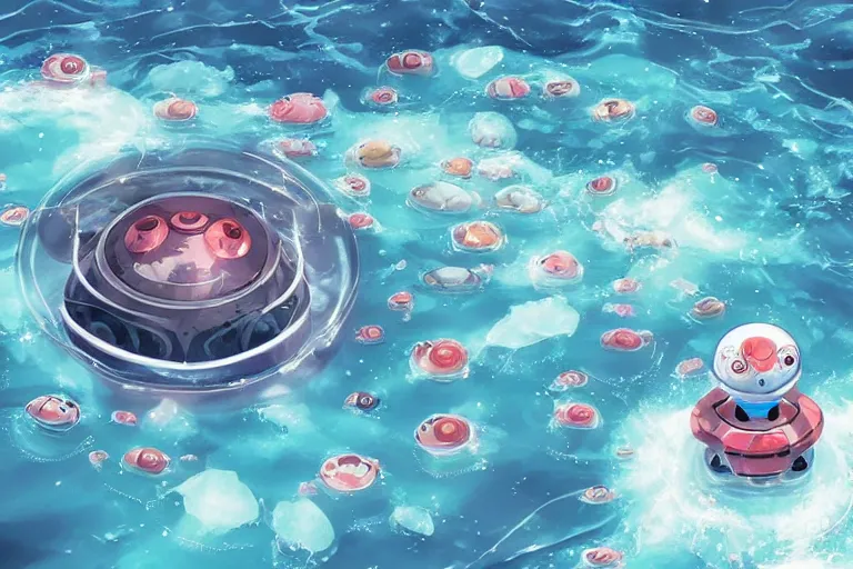 Prompt: “robot baby seals swimming through the Arctic Ocean, surrounded by fish and jellyfish, anime style”