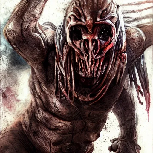 Image similar to predator from movie holding human skull, full body picture, wide angle view, hyperrealistic, concept art, artstasion, deep depth of field