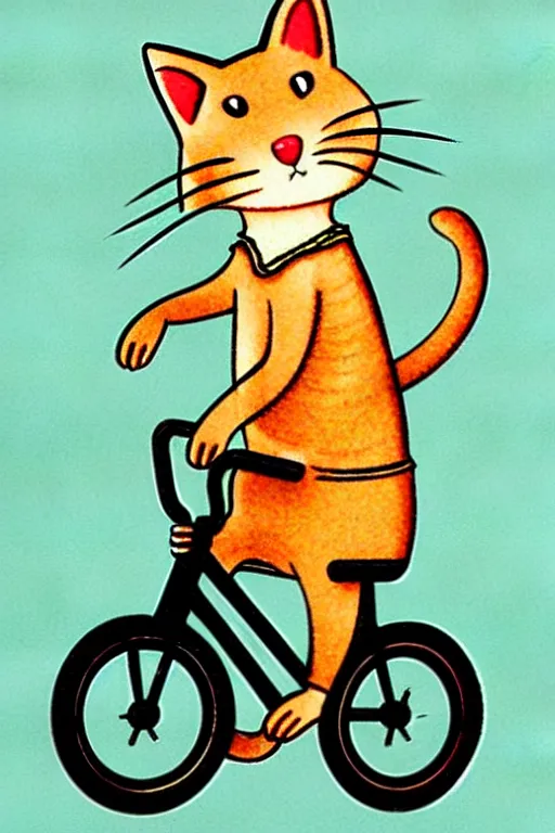 Prompt: by richard scarry,,,,,,,,,,,,,,,,,,,,,,, a cat riding a bike. a 1 9 5 0 s retro illustration. muted colors, detailed