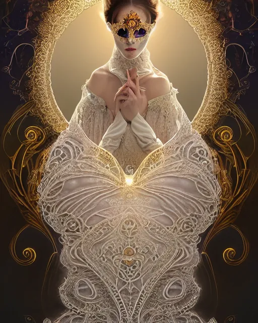 Prompt: beautiful ethereal maiden in a ivory masquerade mask intricate ornate fractal-lace and gemstones, wearing stunning ivory dress, ivory gold iridescent, full view, soft lighting, vivid, Hyperdetailed, 4k hd matte painting by Artgerm, Greg Rutkowski, Klimt, James Jean, 8k resolution, enchanting and otherworldly, Artstation, CGsociety, detailed, front view