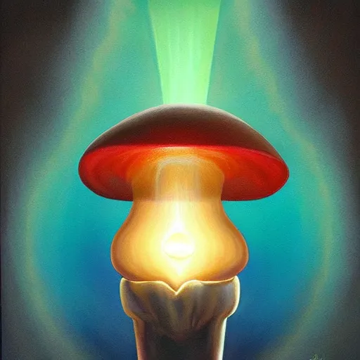 Prompt: a painting of a mushroom with a light coming out of it, an airbrush painting by joseph stella, featured on behance, geometric metaphysical painting, surrealist, airbrush art, tesseract