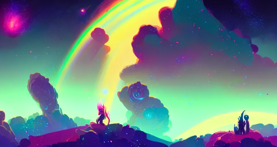 Image similar to milky way surrounded with spiriling sparkling rainbow crystals and galaxies, by peter mohrbacher, hyper light drifter color pallet, trending on artstation