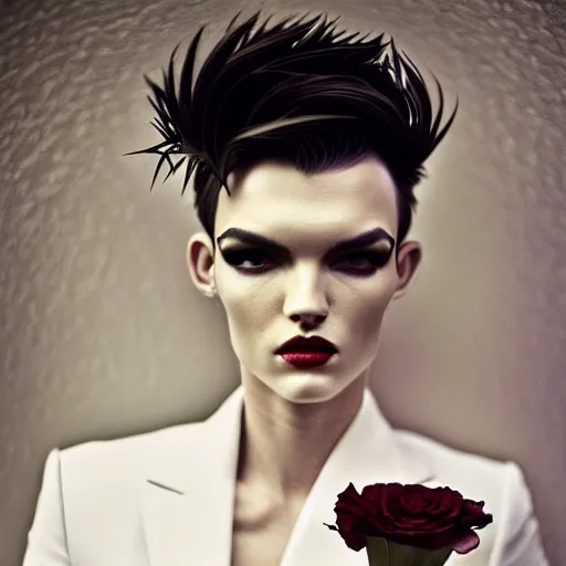 Prompt: beautiful portrait of androgynous ruby rose as desire from sandman in a white tuxedo!!!, rockabilly style,, by alphonse mucha, by jeremy mann, by peter lindbergh, cedric peyravernay, by frank moth, white suit and black tie, blurry background, dof, soft lightning, high detailed, 8 k