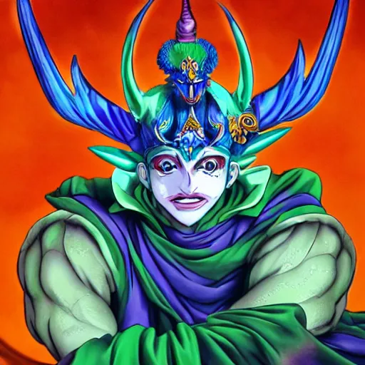 Image similar to 4 k headshot of godlike jester with defined arms and open hands and bloody clothes with giant mandala wings, intricate face, flawless anime cel animation by kentaro miura, psychedelic, highly detailed upper body, professionally post - processed, beautiful, scary, symmetry accurate features, epic, octane rendered, anime masterpiece, accurate