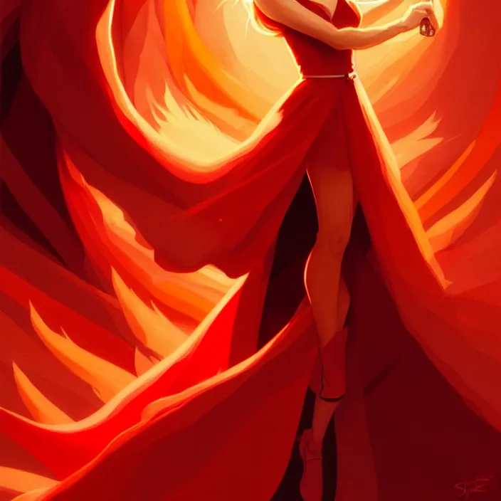 Prompt: style artgerm, joshua middleton, marc simonetti, beautiful kristen bell with dark red dress, very long orange hair, symmetrical face, symmetrical eyes, fire powers fire swirling, detailed, volcano setting, cinematic lighting