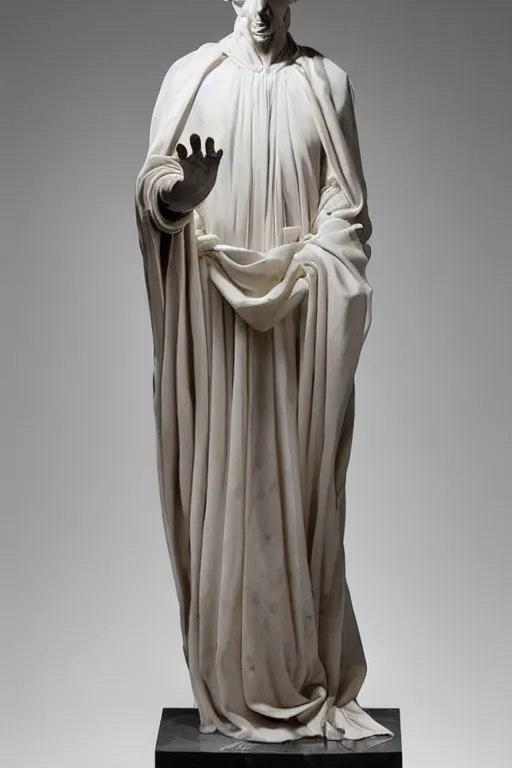 Image similar to a dramatic view of an highly ornated macabre soul priest statue dressed with soft silk robe made in heavy marble, with few ornaments in shiny polished stone, sculpted by hedi xandt and antonio corradini