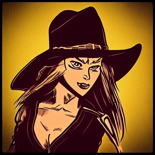 Prompt: “ western comic book artstyle drawing of a beautiful cowgirl outlaw ”