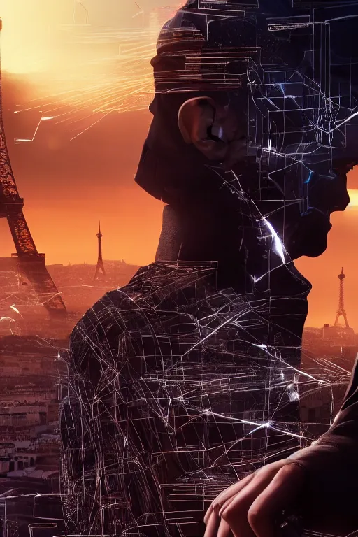 Image similar to in the foreground Paris, in the background a dark-haired man from behind playing with swirls of black energy coming out of his hands wearing a long matrix-style jacket, realistic, high definition, many details, dramatic scene, detailed and realistic hands, symmetrical face, realistic eyes, cyberpunk art 2077