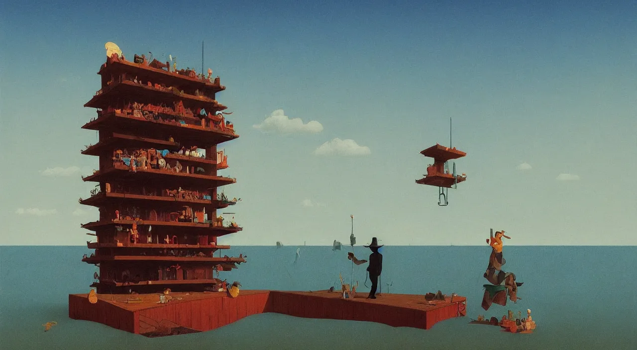 Image similar to single flooded simple wooden meat tower, very coherent and colorful high contrast!! masterpiece by rene magritte simon stalenhag carl spitzweg syd mead norman rockwell edward hopper james gilleard, minimalist, dark shadows, sunny day, hard lighting