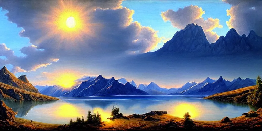 Image similar to a beautiful landscape, sun rises between two mountains, a lake in between the mountains, blue sky, cloudy, painting by john stephans, extremely detailed, hyper realism