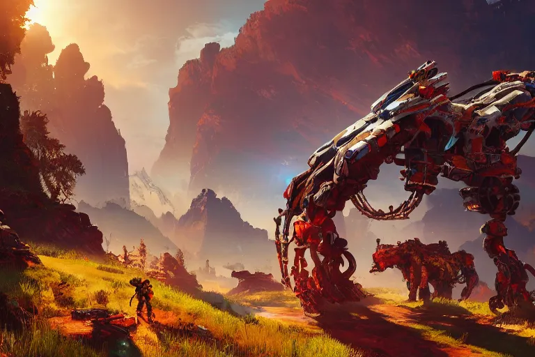 Prompt: scorcher machine mecanical creature robot of horizon forbidden west horizon zero dawn bioluminiscence global illumination ray tracing hdr fanart arstation by ian pesty and alena aenami artworks in 4 k