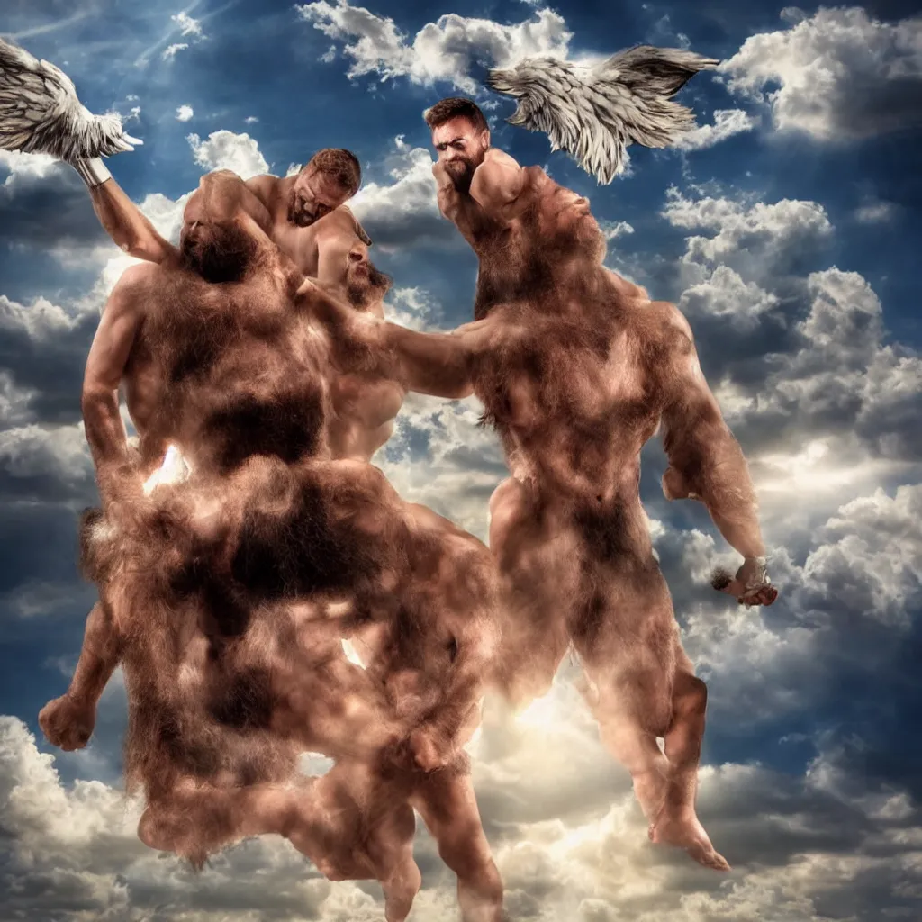 Prompt: hairy strongman angels kissing in the sky, photography, sunrays, clouds, high resolution, highly detailed, epic