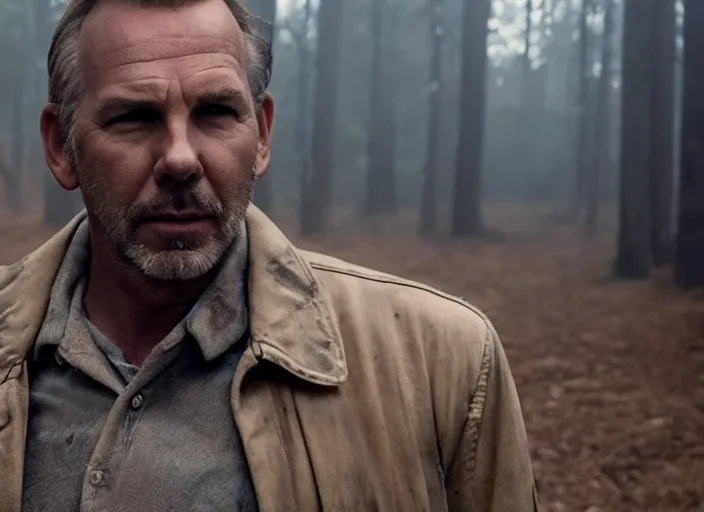 Image similar to film still of!!!!! kevin costner!!!!! as jim hopper in the upside down in stranger things, 4 k