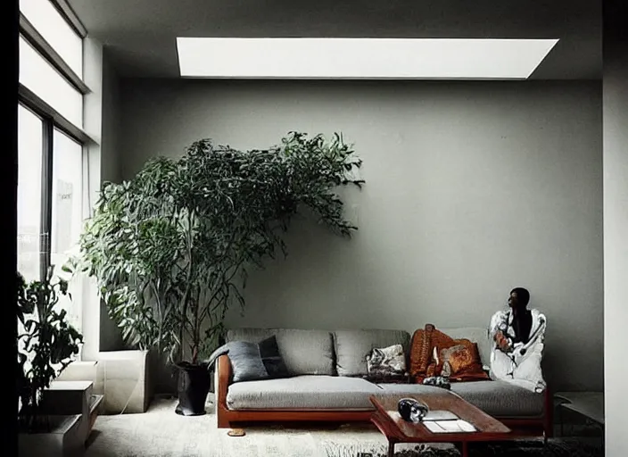 Prompt: “a modern brutalist apartment with minimalist furnishings and art, high ceilings and skylights, houseplants, photographed by Annie Liebovitz”