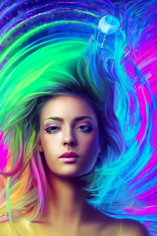 Image similar to a award winning half body portrait of a beautiful woman with stunning eyes in a croptop and cargo pants with rainbow colored ombre hairstyle head in motion and hair flying by thomas danthony, surrounded by whirling illuminated liquids, outrun, vaporware, shaded flat illustration, digital art, trending on artstation, highly detailed, fine detail, intricate