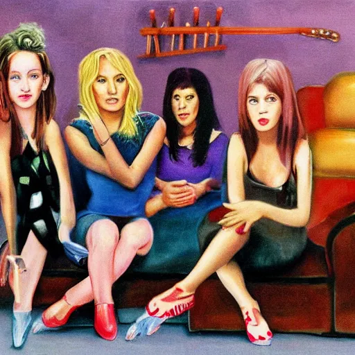 Image similar to rock band sitting on couches with girls surrealism