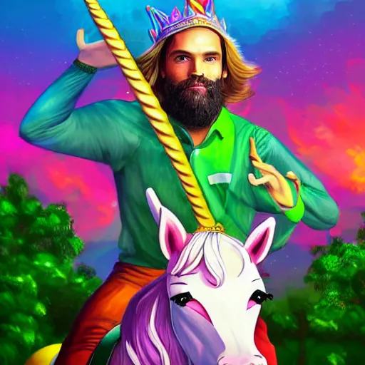 Prompt: pewdiepie riding a unicorn, pointing in the right direction, wearing a crown, green paradise landscape, vivid colors, pastelle, digital art, trending on artstation