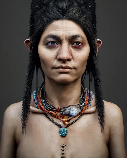 Prompt: headshot portrait of a shaman with raven features, cgsociety, detailed, unreal engine, textured, cinematic, character design