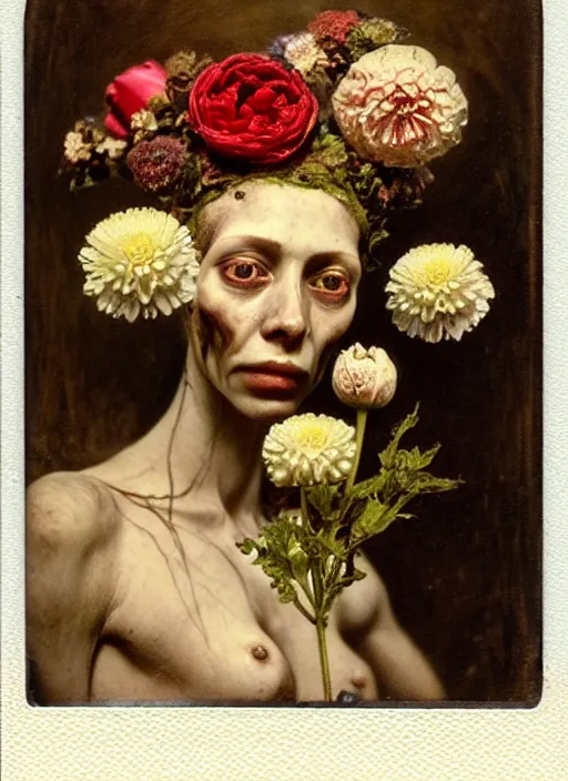 Prompt: beautiful and detailed rotten woman made of plants and many types of stylized flowers like carnation, chrysanthemum, roses and tulips, intricate, surreal, john constable, guy denning, gustave courbet, caravaggio, romero ressendi, vladimir volegov 1 9 1 0 polaroid photo