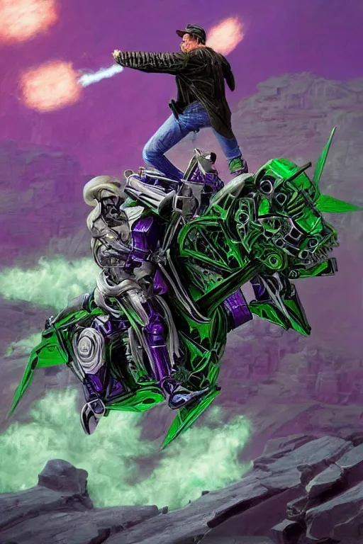 Image similar to portrait of cowboy johnny cash as purple green optimus prime from transformers riding on guitar zord ufo hoverboard, intricate, highly detailed, smooth, artstation, digital illustration by Ruan Jia and Mandy Jurgens and Artgerm and Wayne Barlowe and Greg Rutkowski and Zdislav Beksinski