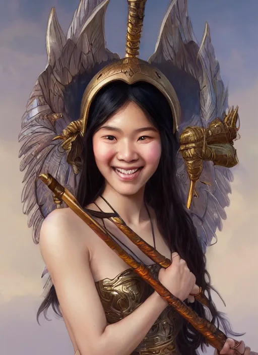 Image similar to Close-up portrait of smiling young asian woman wearing a winged helmet and bare shoulders, holding a magic staff, portrait, highly detailed, digital painting, artstation, concept art, sharp focus, illustration, art by artgerm and greg rutkowski and alphonse mucha