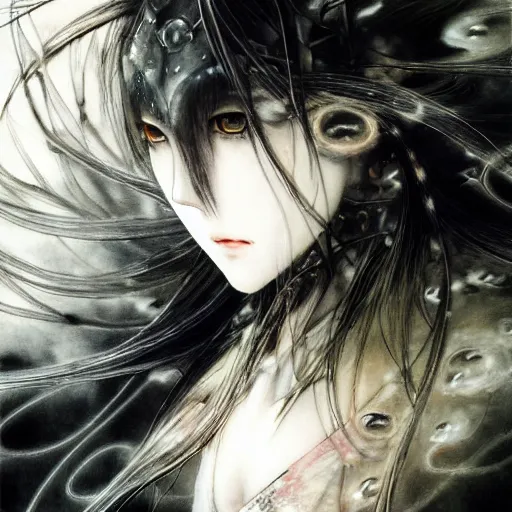 Image similar to yoshitaka amano blurred and dreamy realistic illustration of an anime girl with wavy white hair and cracks on her face wearing elden ring armour with the cape fluttering in the wind, abstract black and white patterns on the background, noisy film grain effect, highly detailed, renaissance oil painting, weird portrait angle